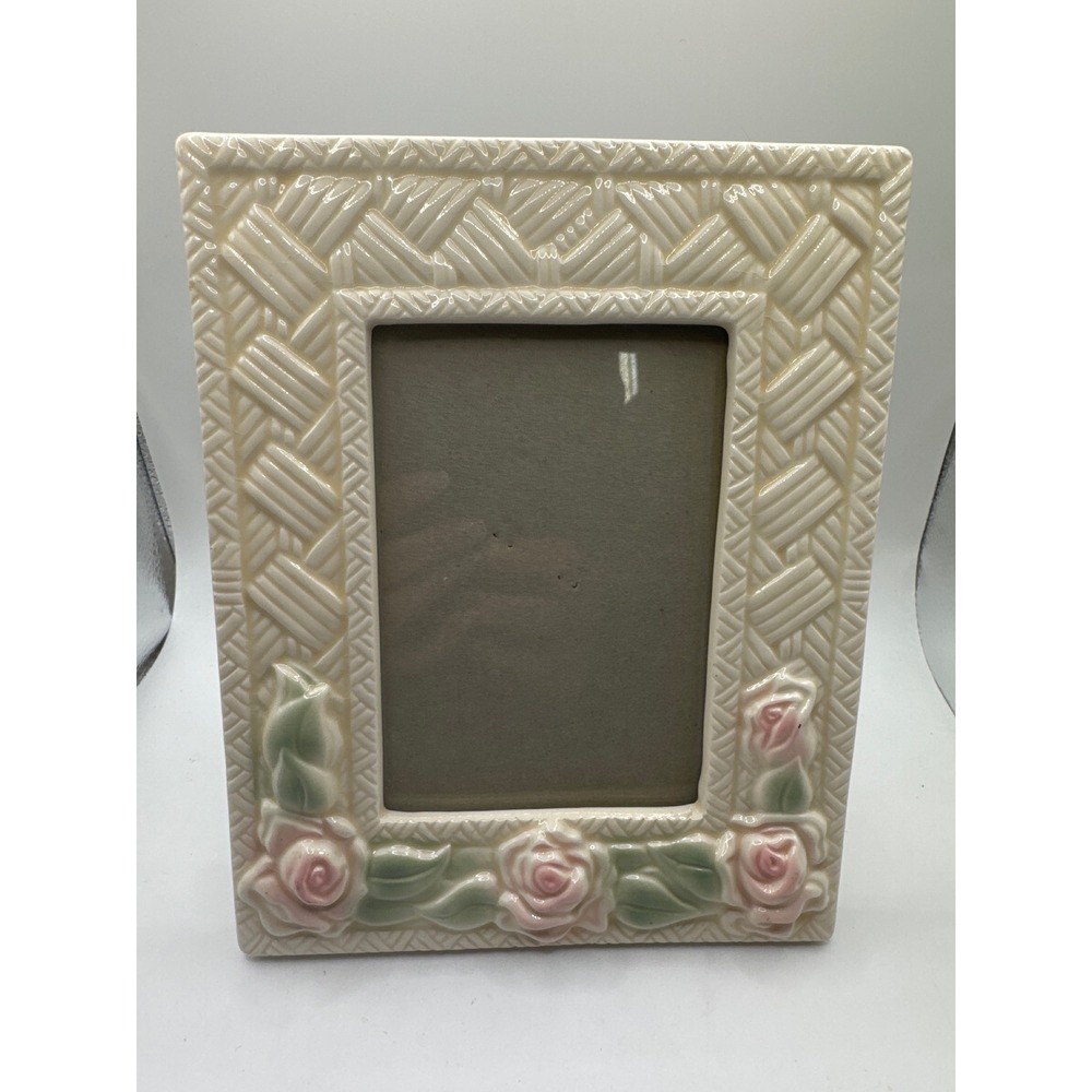 Elsa Ceramic Rose Basketweave Picture Frame Cream Pink Floral Vintage 5x3.5